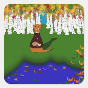 Oliver The Otter at River Wolf Lake in Autumn Quadratischer Aufkleber