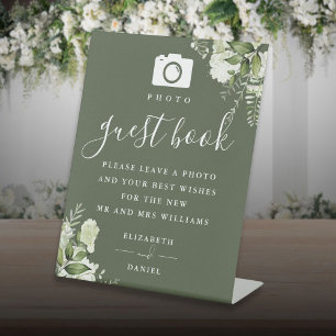 Olives grünes Blattwerk Foto Gästebuch Hochzeit Sockelschild