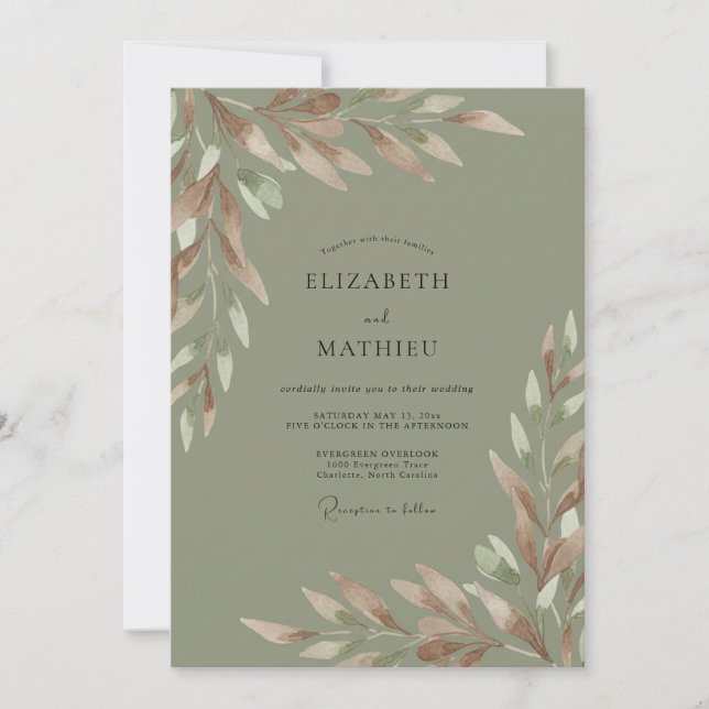 Olivfarbene Malvenhochzeit Einladung (Vorderseite)