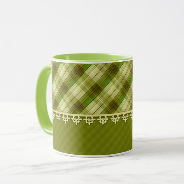 Olivfarbene Patchwork, olivgrün kariert, grün Tasse (Vorderseite Links)