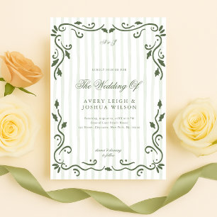 Olivgrün gestreifte klassische elegante Hochzeit Einladung