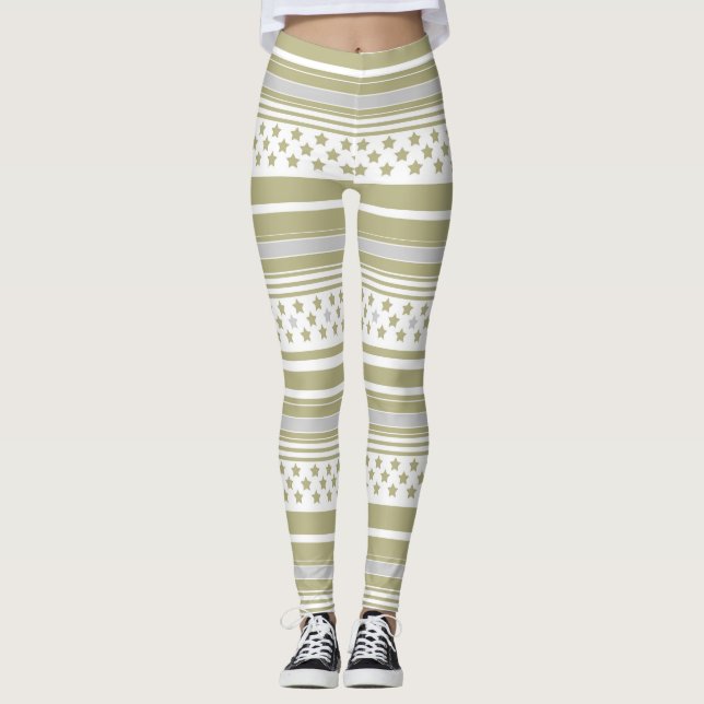 Olivgrün gestreiftes Muster mit Sternen Leggings (Vorderseite)