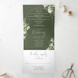 Olivgrün Grüne Goldene Foto Hochzeit Dreifach Gefaltete Einladung