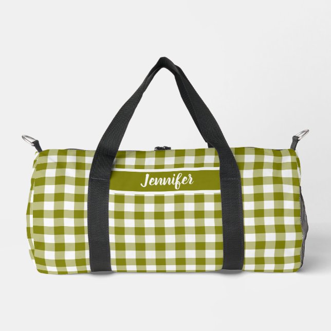 Olivgrün kariert Gingham personalisiert Duffle Bag (Vorderseite)