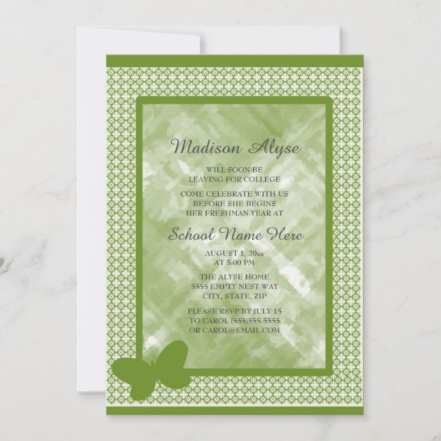 Olivgrün mit Schmetterling-Uni Trunk-Party Einladung (Vorderseite)
