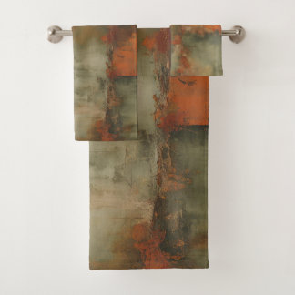 Olivgrün-Salbei-Braunorange-Distressed-Abstrakt Badhandtuch Set