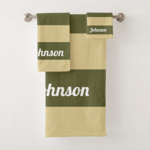 Olivgrün und Tan Streifen Badhandtuch Set