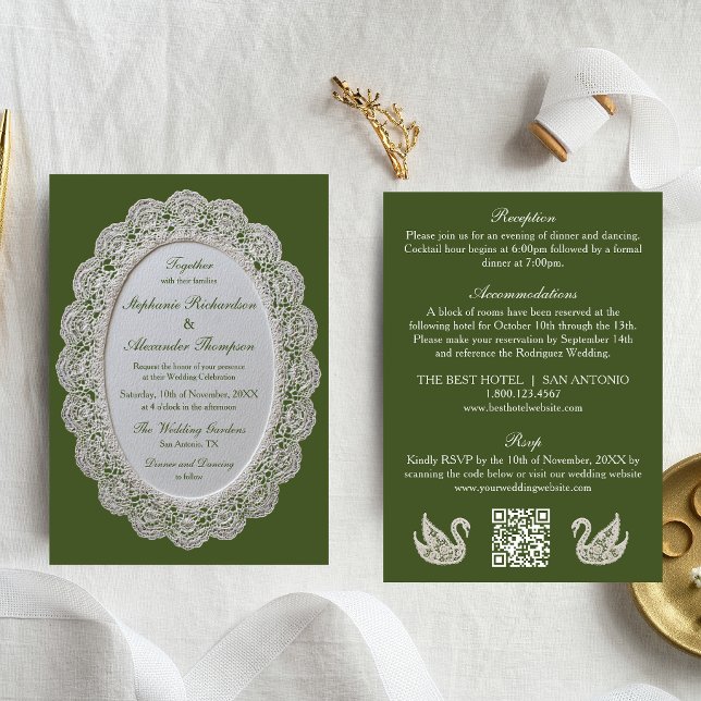 Olivgrüne All-in-One-QR-Code-Spitze Hochzeit Einladung (Von Creator hochgeladen)