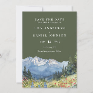 Olivgrüne Aquarell-Berg-Wildblumen-Hochzeit Save The Date