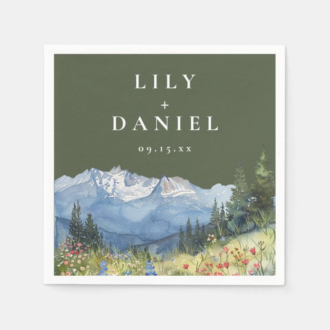 Olivgrüne Aquarell-Berg-Wildblumen-Hochzeit Serviette (Vorderseite)