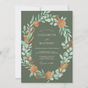 Olivgrüne Blätterhochzeit Einladung