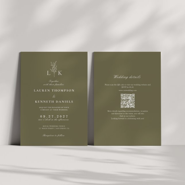 Olivgrüne Blattmonogramm-QR-Code-Hochzeit Einladung (Von Creator hochgeladen)