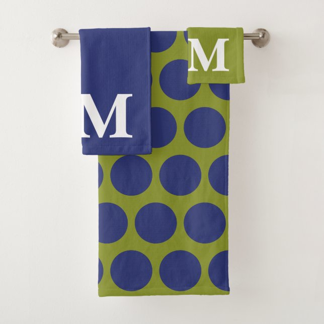 Olivgrüne & blaue Punkte-Monogramm-Initiale Badhandtuch Set (Insitu)