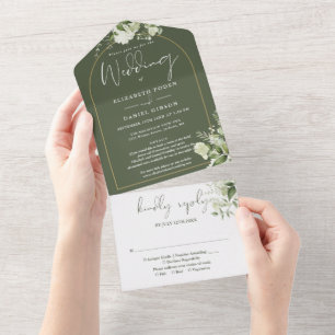 Olivgrüne Blumen Goldene Bogen-Details RSVP Hochze All In One Einladung