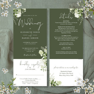 Olivgrüne botanische florale All-in-One-Hochzeit Einladung