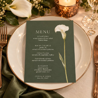 Olivgrüne Calla-Lilien-Hochzeitsmenü Menükarte