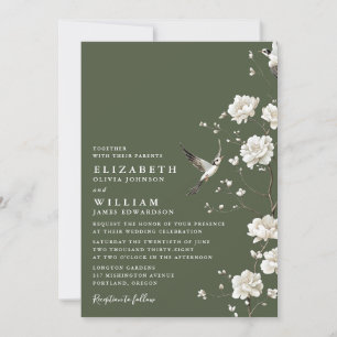 Olivgrüne Chinoiserie-Blumen-Hochzeits-Outfit Einladung