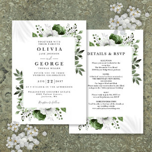 Olivgrüne elegante florale All-in-One-Hochzeit Einladung
