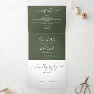Olivgrüne elegante moderne Fotoschrift Hochzeit Dreifach Gefaltete Einladung