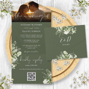Olivgrüne Florale Grünpflanzen QR-Code Hochzeitsfo All In One Einladung