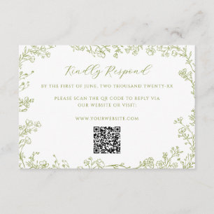 Olivgrüne florale Linienkunst Hochzeits-QR-Code Begleitkarte
