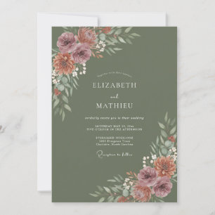 Olivgrüne gedämpfte herbstliche Hochzeit Einladung