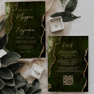 Olivgrüne Gold-Achat-Schrift-QR-Code-Hochzeit Einladung