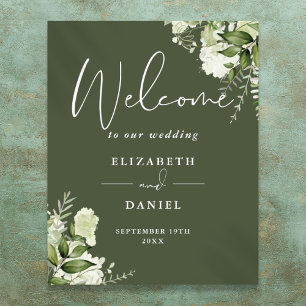 Olivgrüne Grüne Flora Hochzeit Willkommensschild Poster