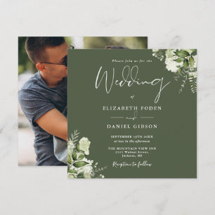 Olivgrüne Grüne Florale Foto Quadratische Hochzeit Einladung