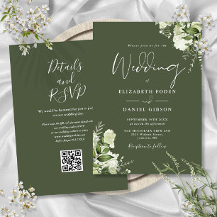Olivgrüne Grünpflanzen-Blumen-QR-Code-Hochzeit Einladung