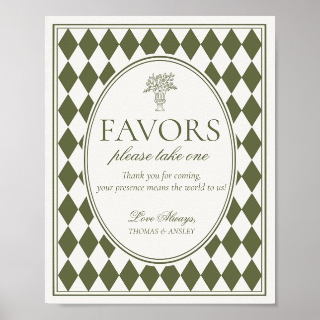 Olivgrüne Harlekin-Karo-Hochzeitsgeschenk-Schilder Poster (Vorne)