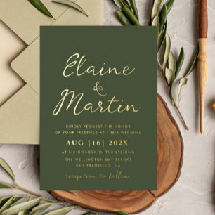 olivgrüne Hochzeit mit goldener Schrift Folieneinladung