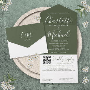 Olivgrüne Hochzeit mit Unterschriftsskript-QR-Code All In One Einladung