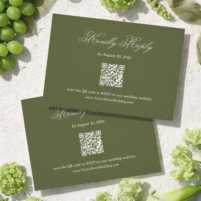 Olivgrüne Hochzeits-RSVP-QR-Code Begleitkarte (Von Creator hochgeladen)