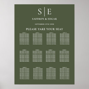 Olivgrüne Hochzeits-Sitzordnung mit Monogramm Poster