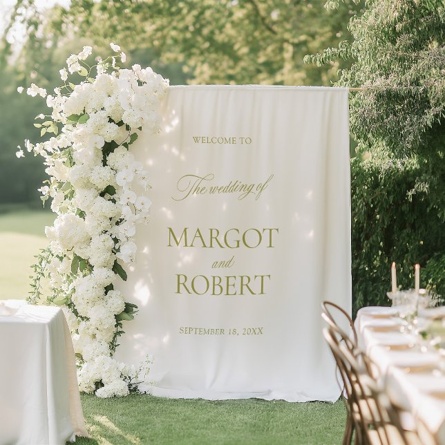 Olivgrüne Hochzeits-Willkommensschild-Banner Wandteppich (Olive Green Wedding Welcome Sign Banner Tapestry)
