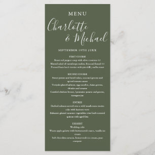 Olivgrüne Hochzeitsmenükarte mit Signatur-Schriftz Menükarte