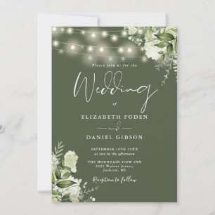 Olivgrüne Lichterkette Florales Monogramm Hochzeit Einladung