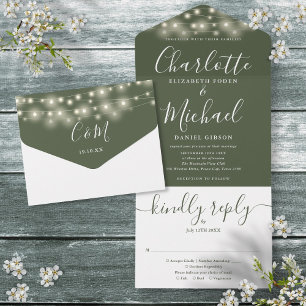 Olivgrüne Lichterketten Elegante Hochzeit All In One Einladung