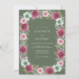 Olivgrüne Magenta-Aquarell-Blumenhochzeit Einladung