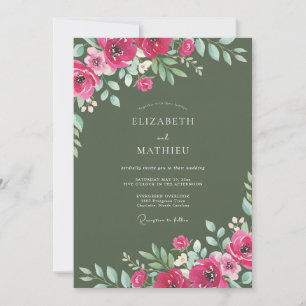 Olivgrüne Magenta-Aquarell-Blumenhochzeit Einladung