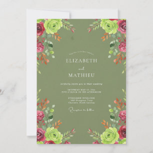 Olivgrüne Magenta-Rosen-Hochzeit Einladung