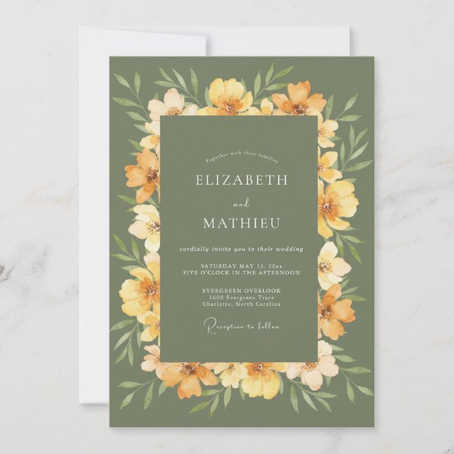 Olivgrüne malerische florale Bogenhochzeit Einladung (Vorderseite)