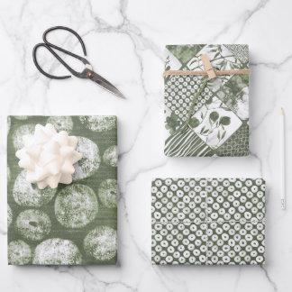 Olivgrüne malerische Floralkunst & Blockdrucke Geschenkpapier Set
