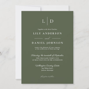 Olivgrüne minimalistische Monogramm-Hochzeit Einladung
