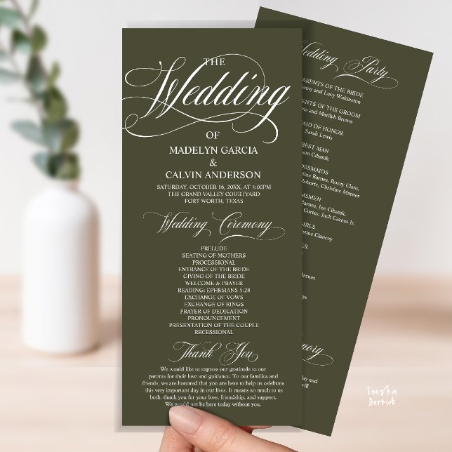 Olivgrüne moderne Skript-Hochzeit Alles in Einem Programm (Modern Script All In One Wedding Program Card in Olive Green)
