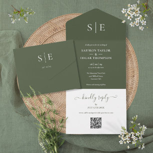 Olivgrüne Monogramm-QR-Code-Hochzeit All In One Einladung