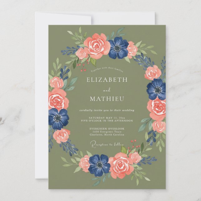 Olivgrüne Pfirsich-Blumen-Rustikale Hochzeit Einladung (Vorderseite)