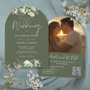 Olivgrüne QR-Code-Foto-Arch-Hochzeit Einladung