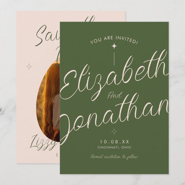 Olivgrüne Retro-Moderne kursive Fotohochzeit Save The Date (Vorne/Hinten)